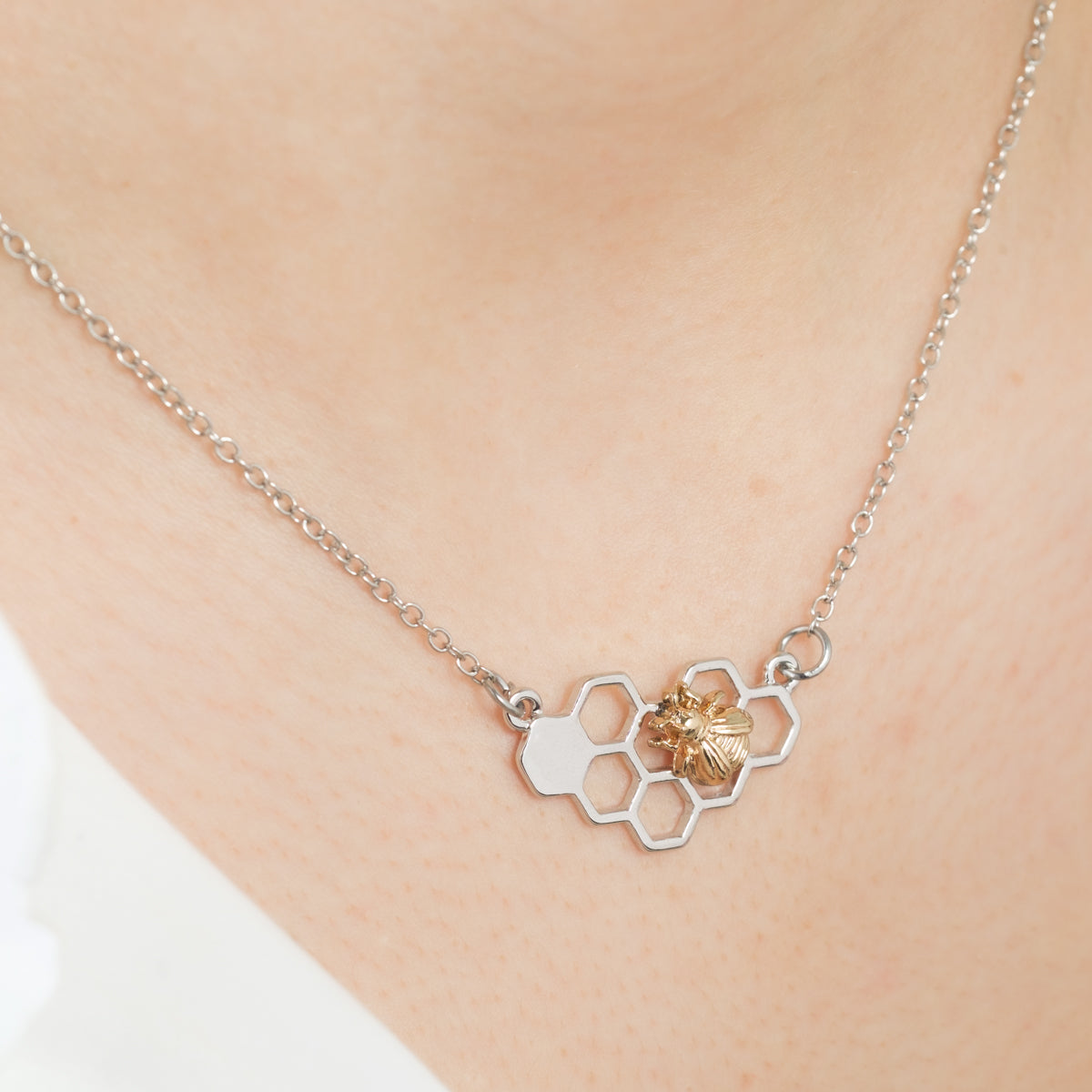 Gold Bee Silver Honeycomb Necklace - Simply Whispers