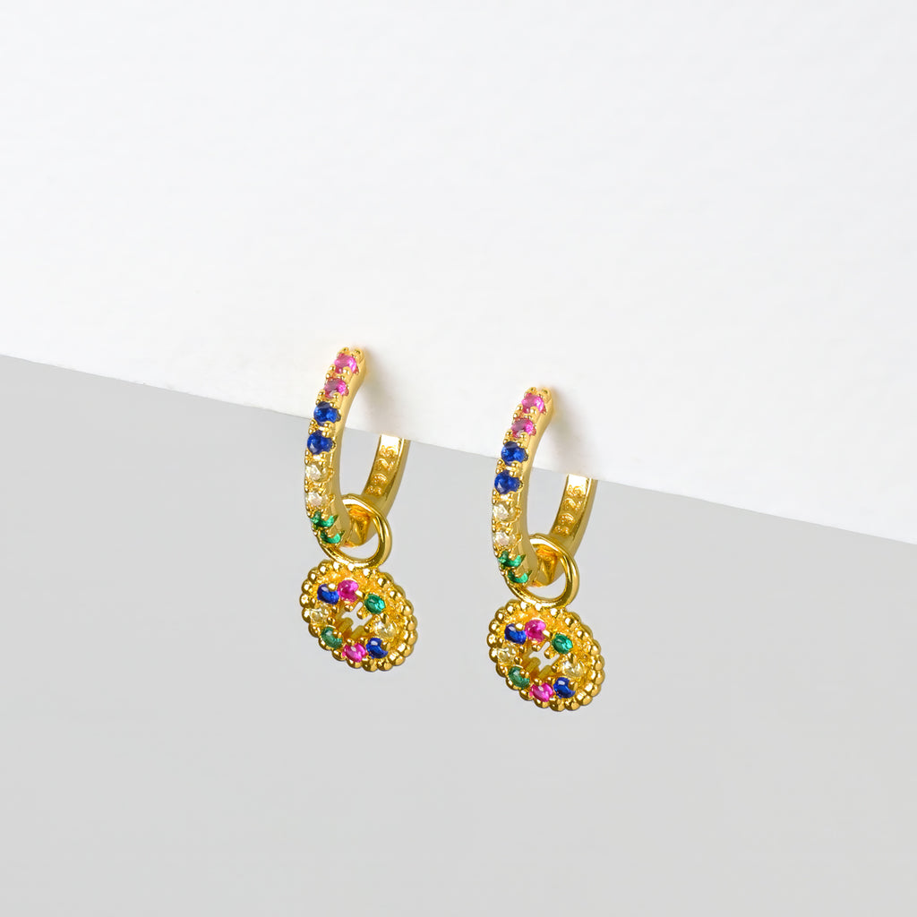 Round charm rainbow zircon huggie earrings - Simply Whispers
