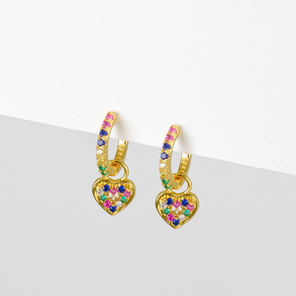 Heart charm rainbow zircon huggie earrings - Simply Whispers