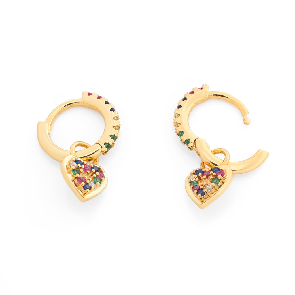 Heart charm rainbow zircon huggie earrings - Simply Whispers