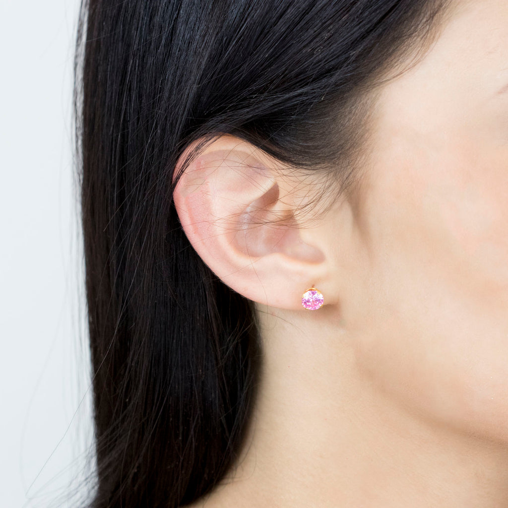 Gold Plated 6 mm Pink Round Cubic Zirconia Stud Earrings - Simply Whispers