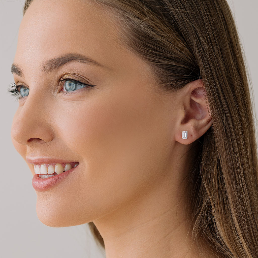 Silver Stud Earrings Emerald Cut Crystal - Simply Whispers