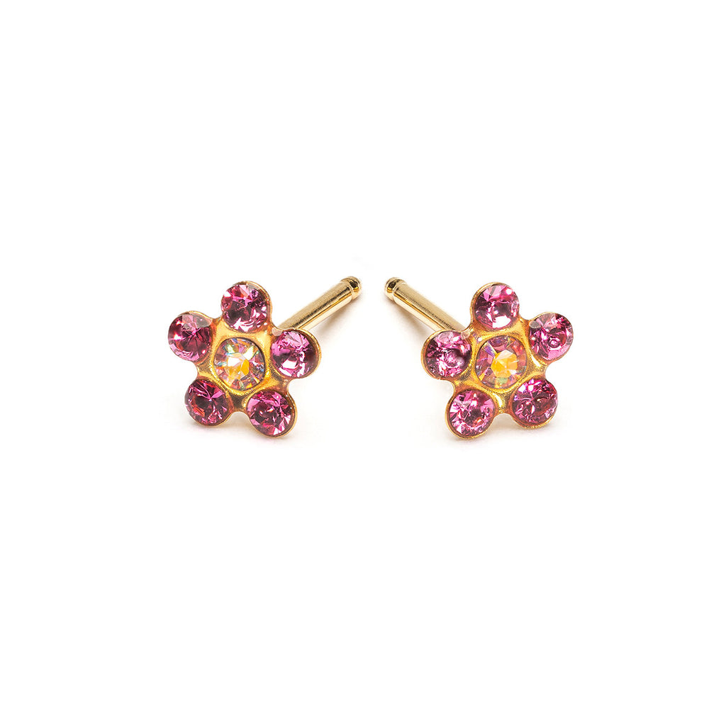 14k Gold Aurora Borealis And Pink Daisy Stud Earrings - Simply Whispers