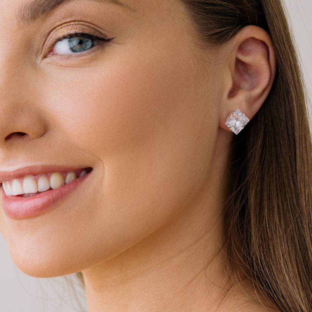 Silver Stud Earrings 10mm Square Crystal - Simply Whispers