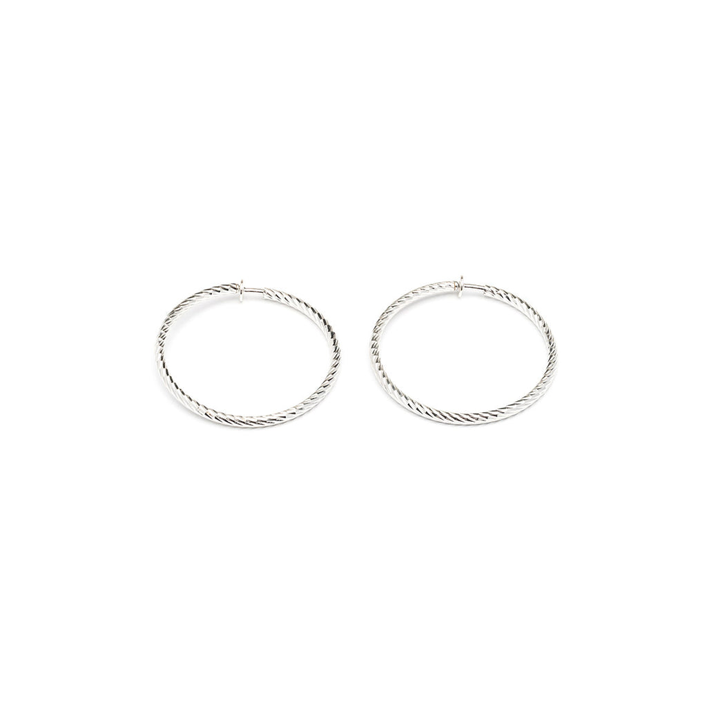 Silver Plated 2 inch Diamond Cut Spring Clip On Hoop Earrings - Simply Whispers
