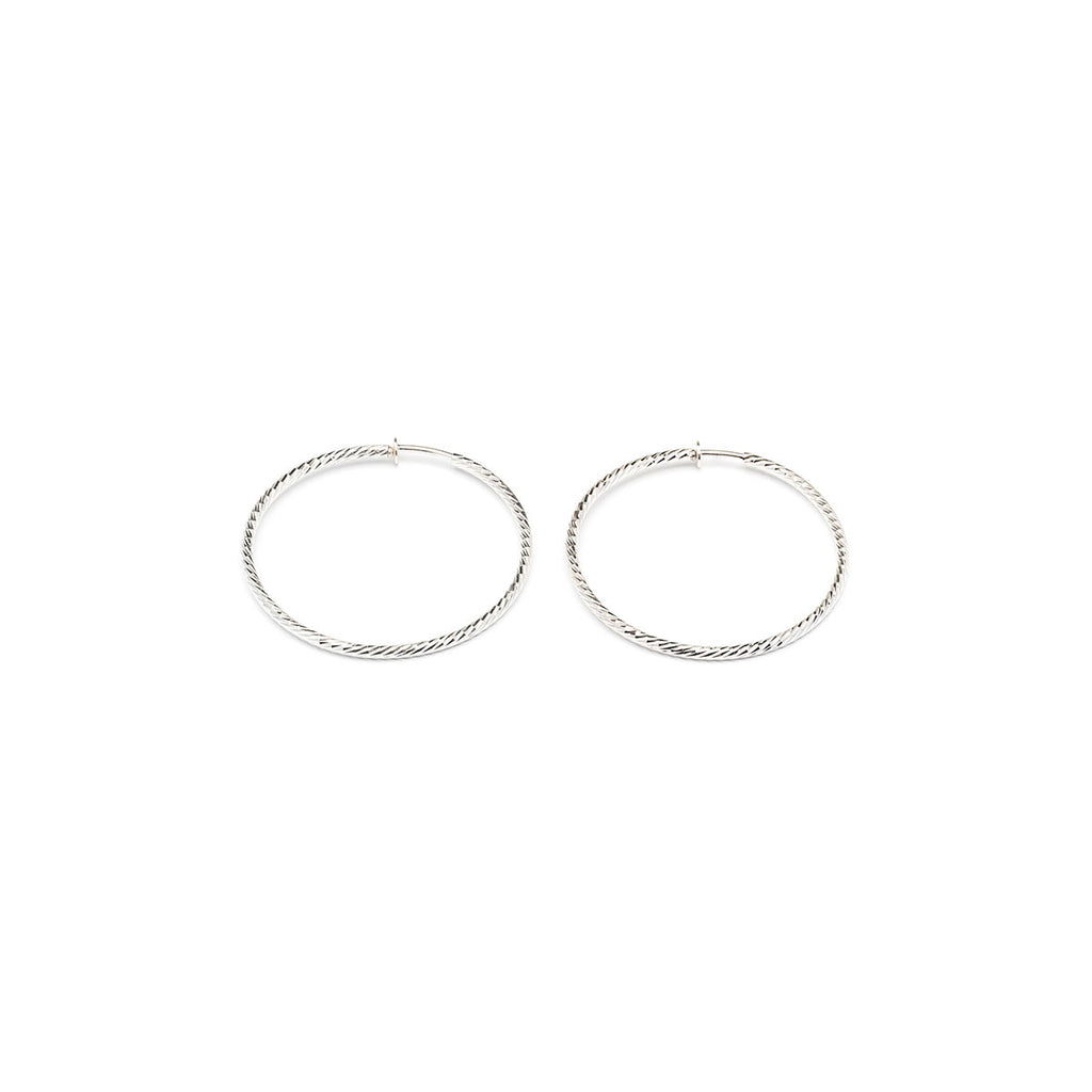 Silver Plated 2.5 inch Diamond Cut Spring Clip On Hoop Earrings - Simply Whispers