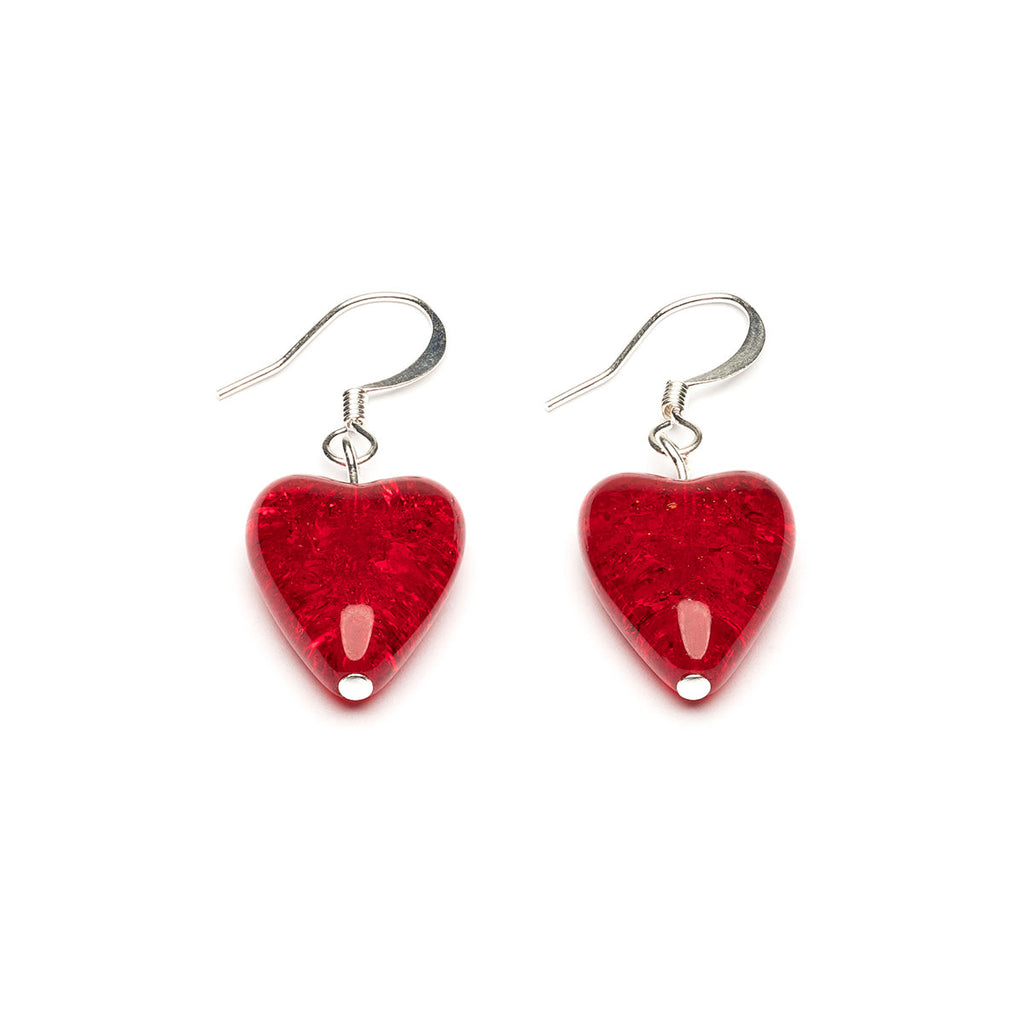 Red Crackle Glass Heart Earrings - Simply Whispers