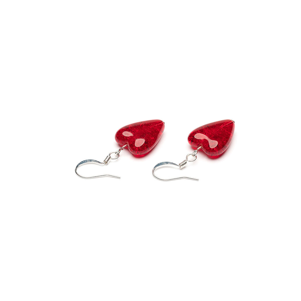 Red Crackle Glass Heart Earrings - Simply Whispers