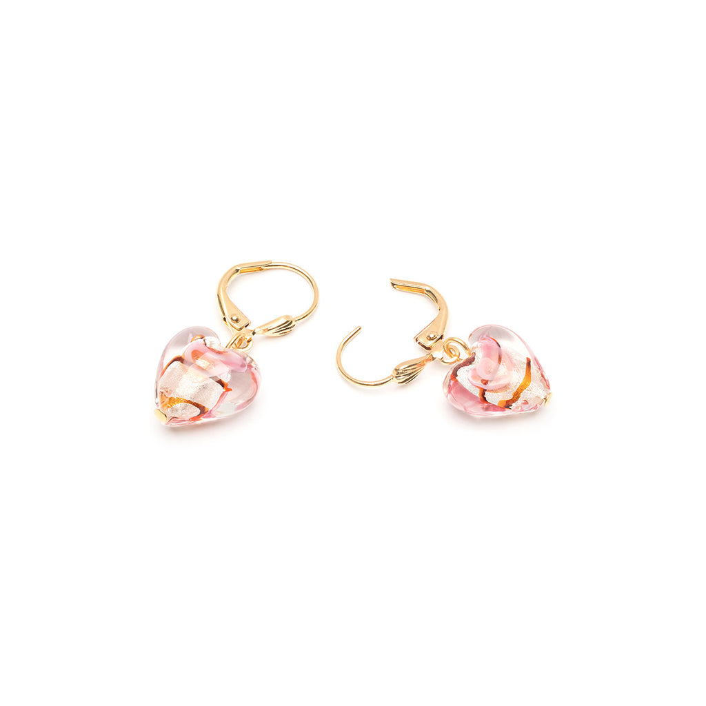 Gold Plated Pink And Red Glass Heart Leverback Earrings - Simply Whispers