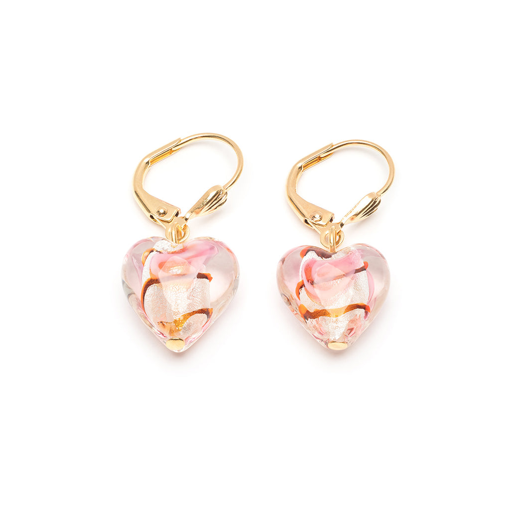 Gold Plated Pink And Red Glass Heart Leverback Earrings - Simply Whispers