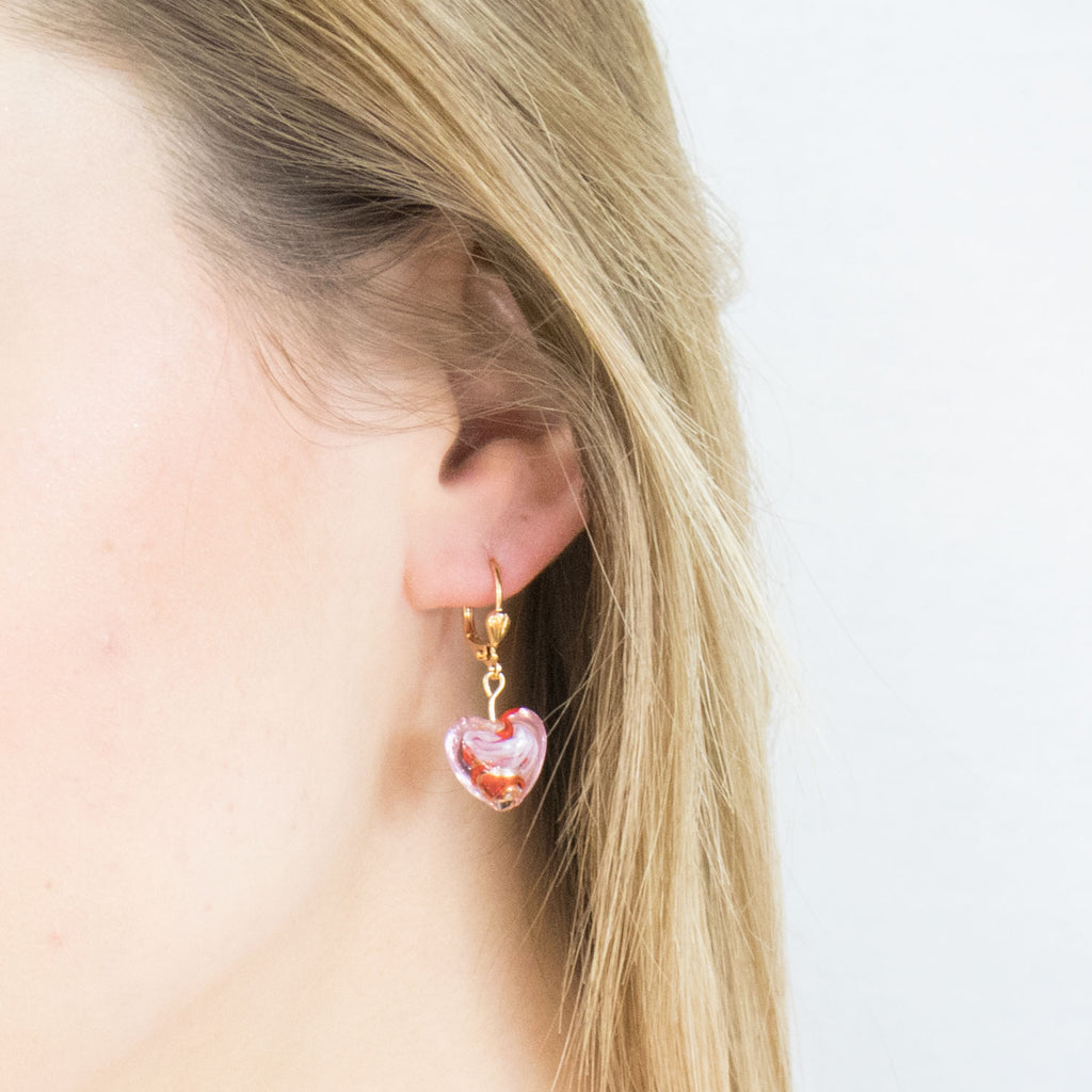 Gold Plated Pink And Red Glass Heart Leverback Earrings - Simply Whispers