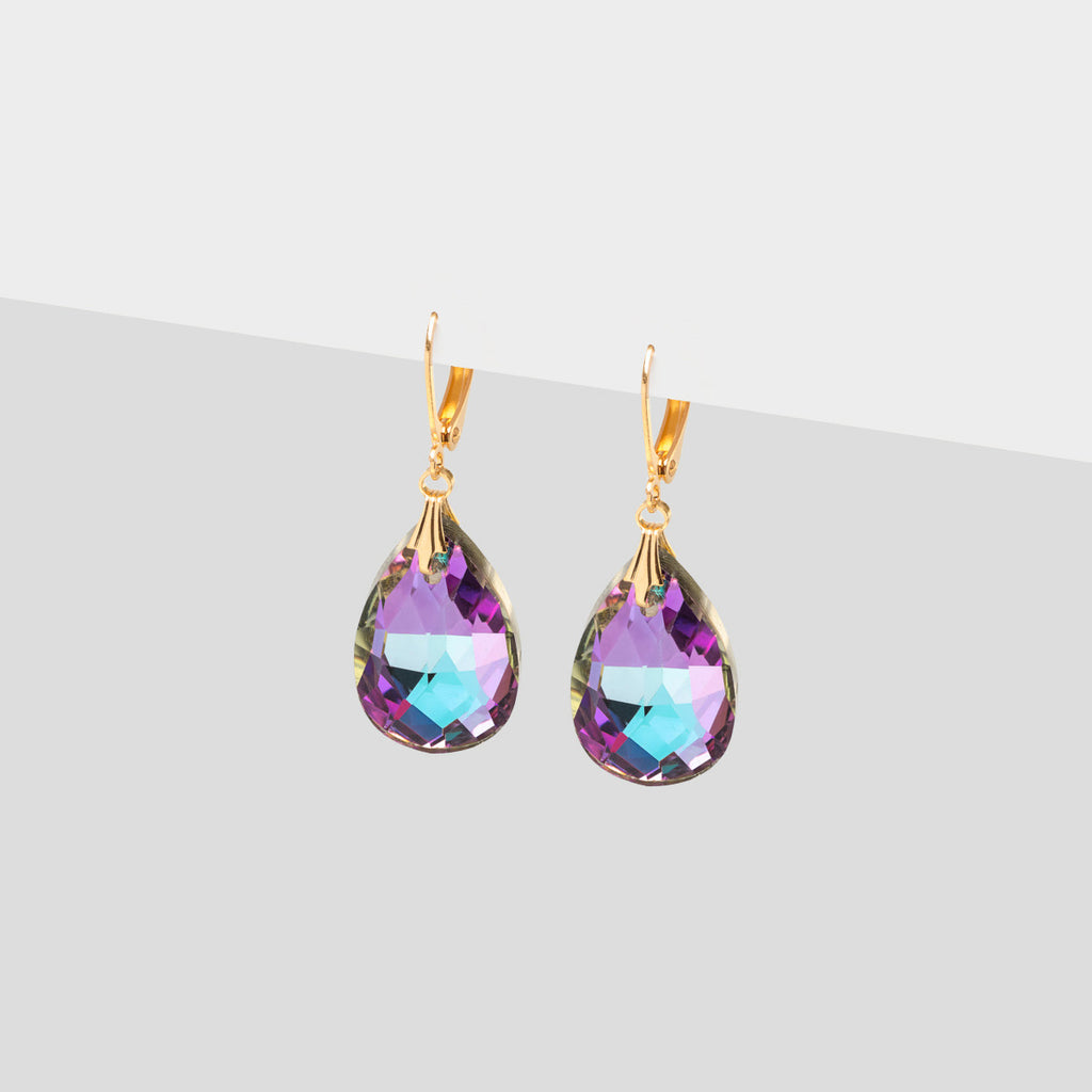 Gold purple and blue crystal drop earrings - Simply Whispers