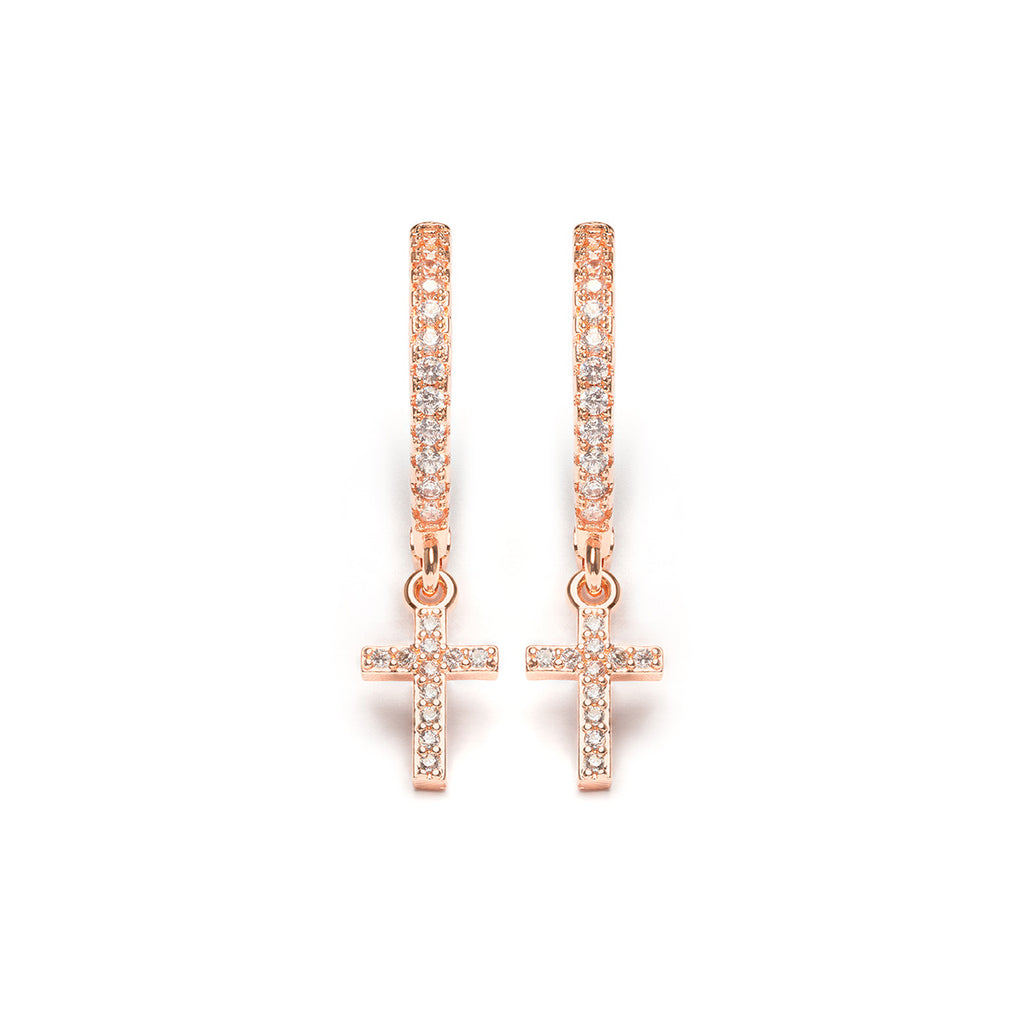 Rose Gold Pave Cross Hoops - Simply Whispers