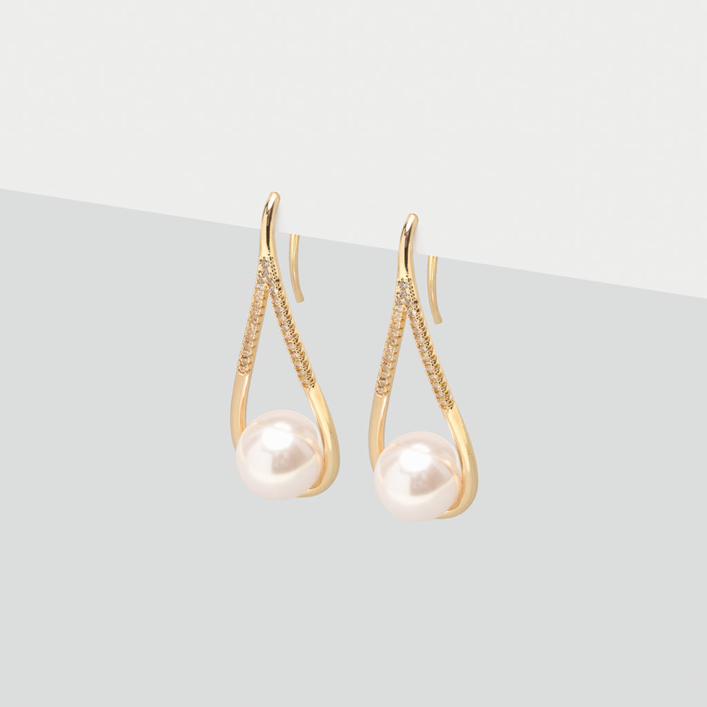 Large pearl with crystals gold french hook earrings - Simply Whispers