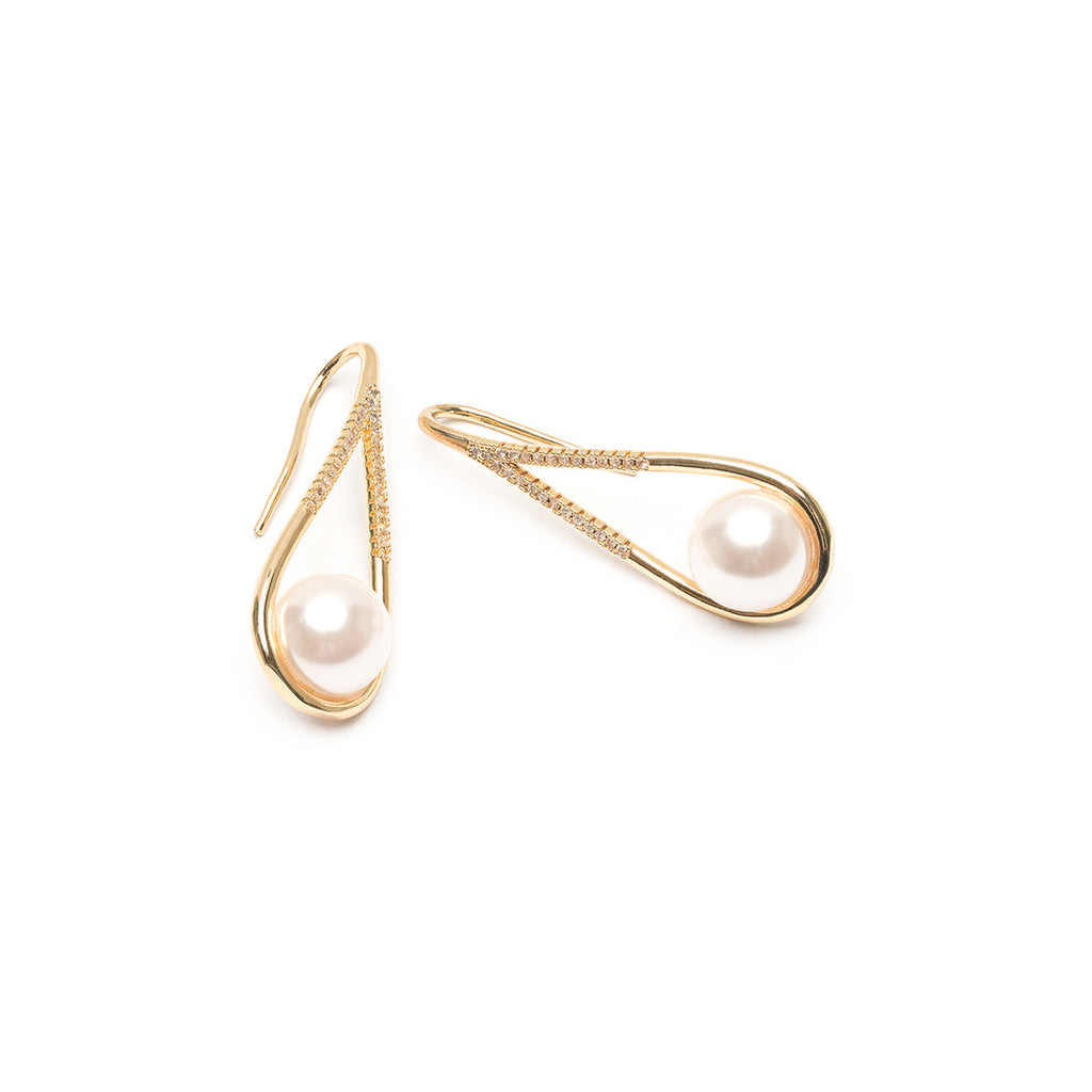 Large pearl with crystals gold french hook earrings - Simply Whispers