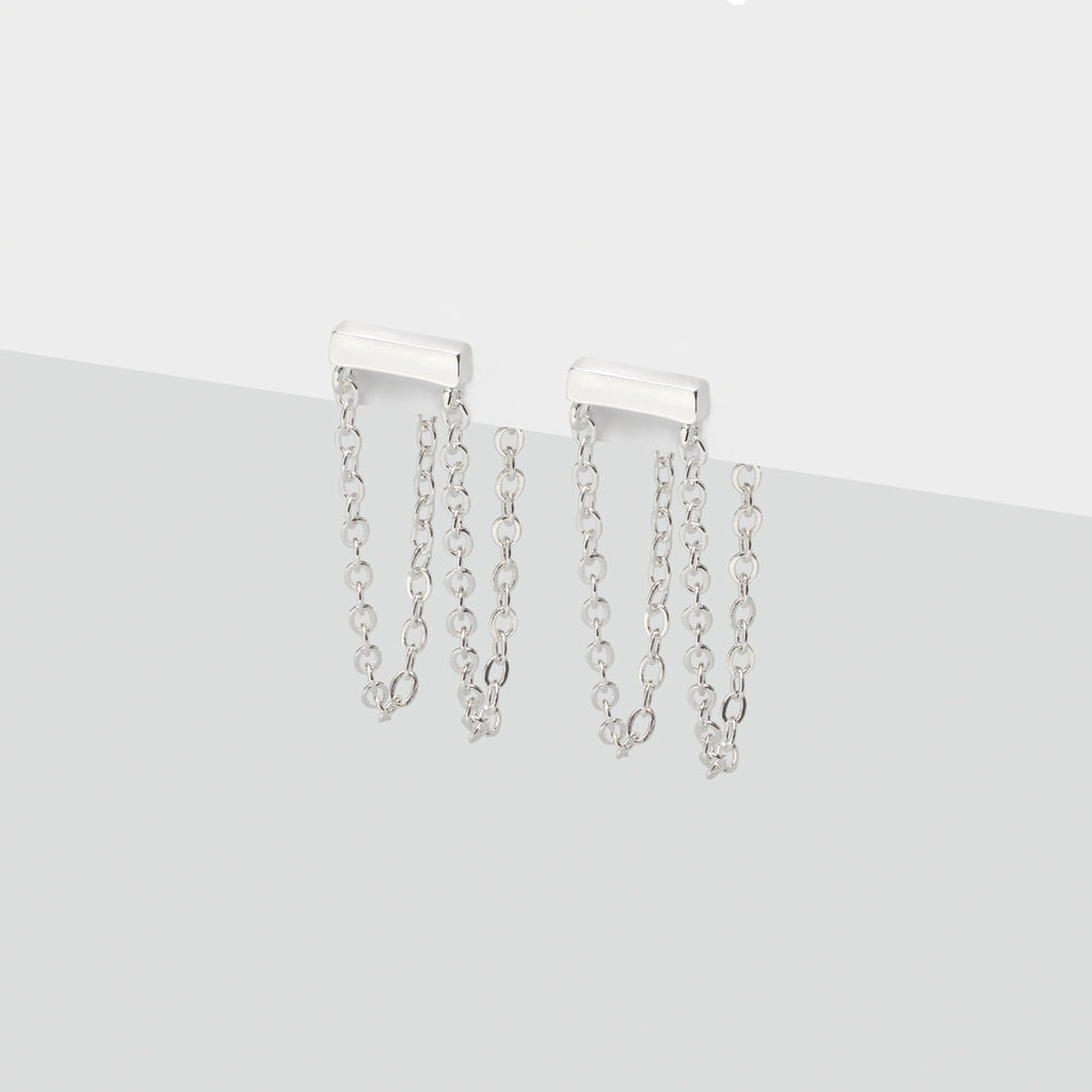 Silver bar double chain stud earrings - Simply Whispers