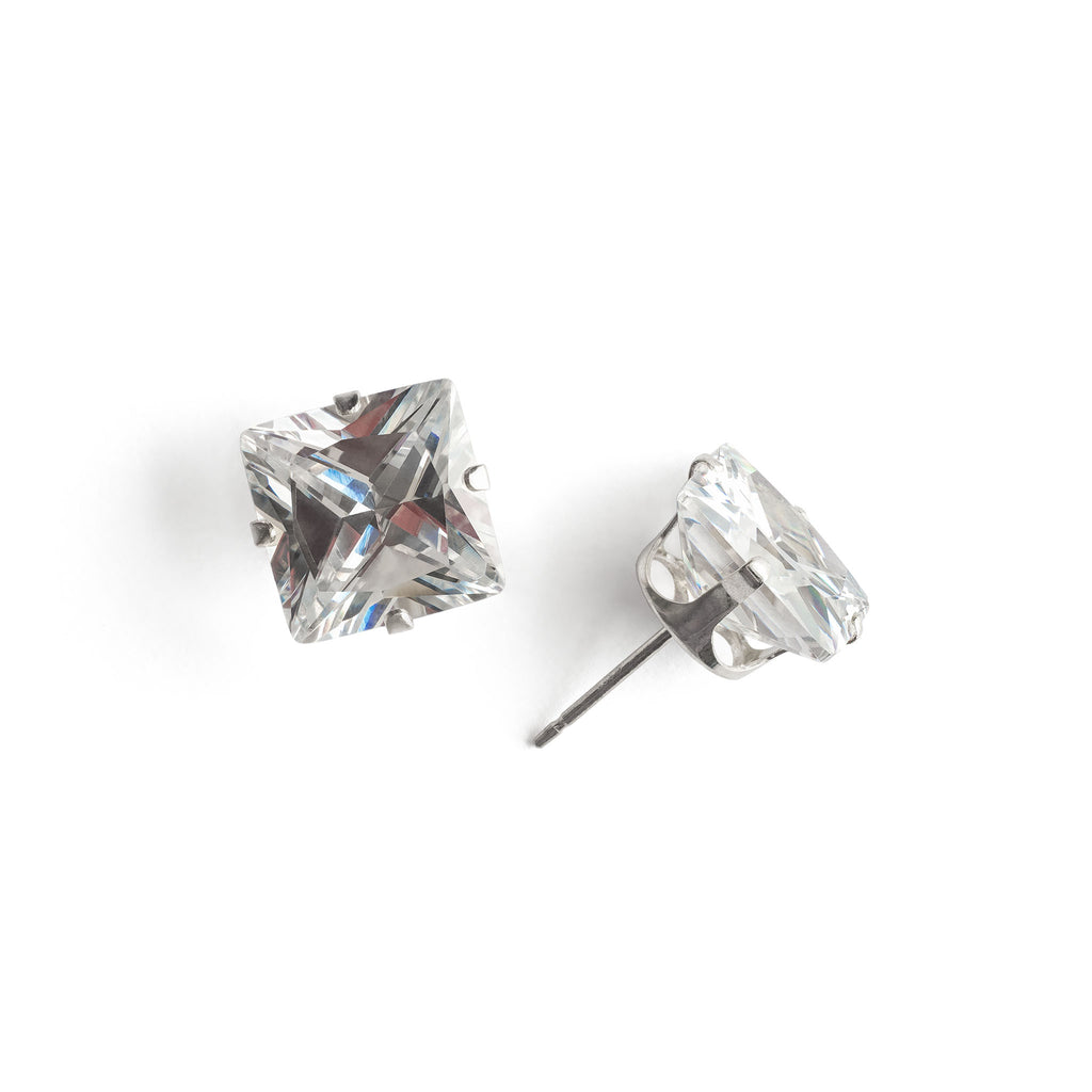 Silver Stud Earrings 10mm Square Crystal - Simply Whispers