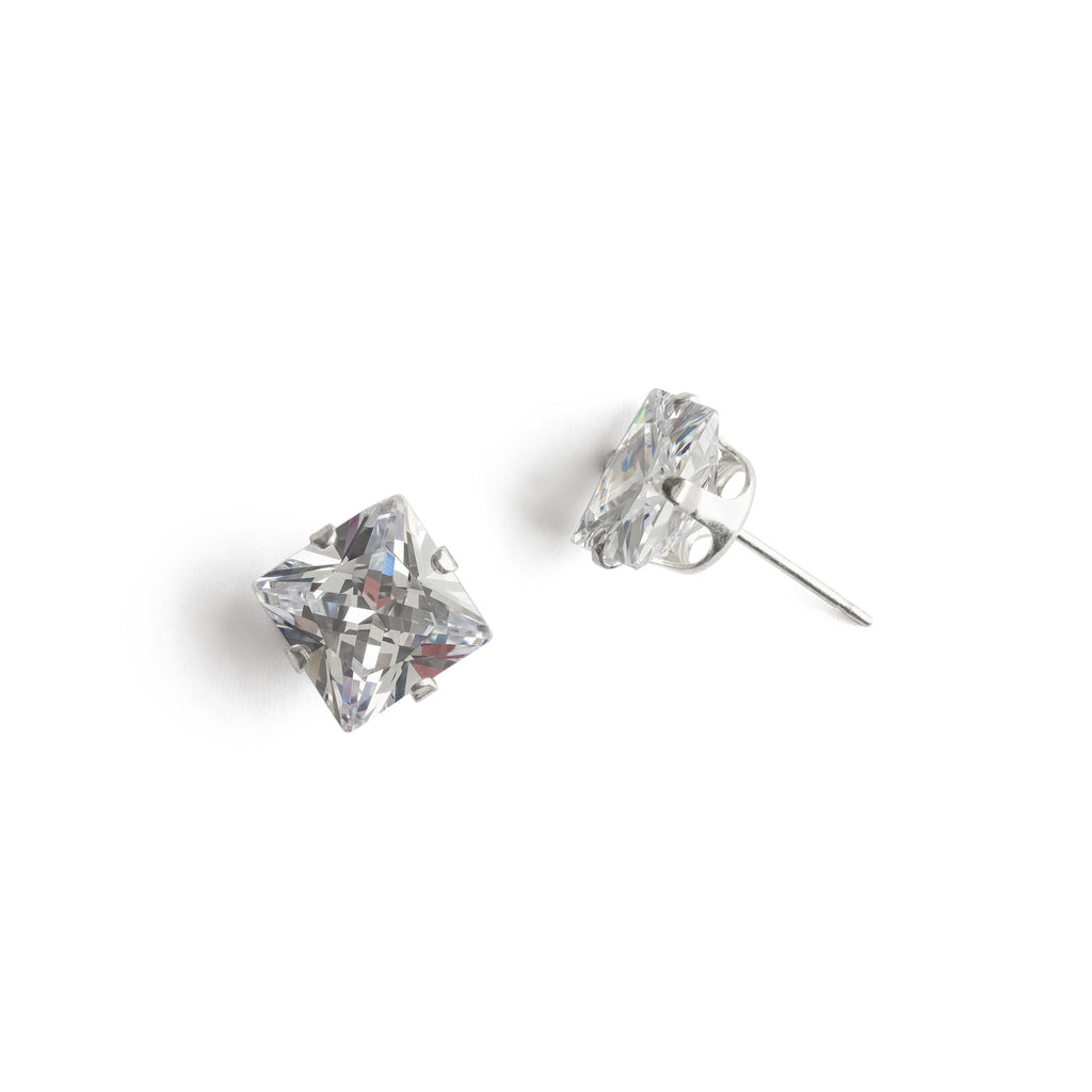 Silver Stud Earrings 8mm Square Crystal - Simply Whispers