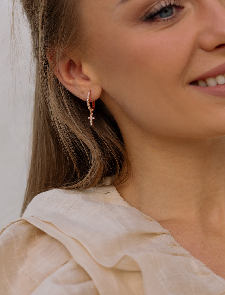 Rose Gold Pave Cross Hoops - Simply Whispers